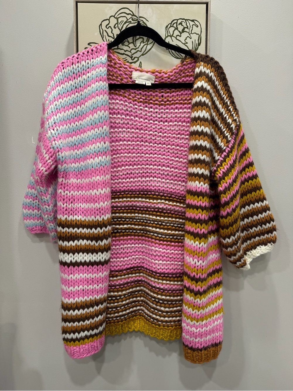 Anthropologie Pink Multicolor Striped Chunky Open Cardigan One Size~ WORN THRICE